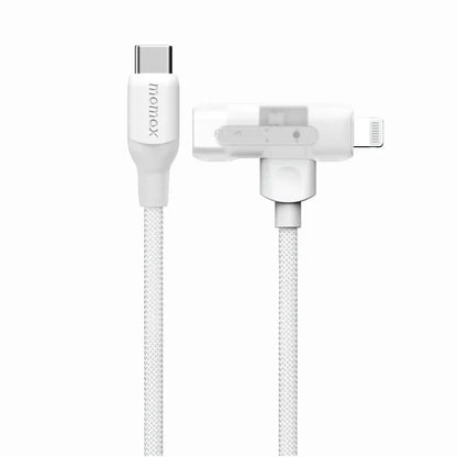 future tech gadgets Canada. premium tech accessories Canada. Momax 1-Link Flow Duo 2-in-1 Braided Cable 1.5M. Gallery image 6. A white braided charging cable is displayed at an angle, showcasing both ends. The left end features a USB-C connector, while the right end has a Lightning connector, both clearly visible. The cable is set against a plain white background, emphasizing its sleek design. The brand name "momax" is printed on the USB-C connector.