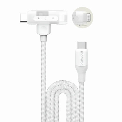 future tech gadgets Canada. premium tech accessories Canada. Momax 1-Link Flow Duo 2-in-1 Braided Cable 1.5M. Gallery image 2. A white braided charging cable is displayed prominently in the center of the frame, with one end featuring a USB-C connector and the other end showing a Lightning connector. The cable is coiled neatly, showcasing its flexibility and texture. A small inset image in the upper right corner illustrates the Lightning connector's orientation for insertion.