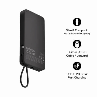 premium tech accessories Canada. wireless audio Canada. Momax 1-Power X1 Battery Pack 20000mAh With Built-In USB-C Cable. Gallery image 3. The image shows a sleek, black power bank positioned at a slight angle, allowing a view of its side and back. The surface is smooth with a matte finish, and the device is compact, emphasizing its portability. A built-in USB-C cable is visible on the side, along with two USB ports. The background is plain, enhancing the product's visibility.