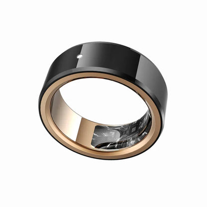 smart tech store Canada. premium tech accessories Canada. Momax 1-Sense Active Smart Ring. Gallery image 2. The image features a sleek, modern smart ring positioned at a slight angle, showcasing its glossy black exterior and a contrasting gold inner band. The ring is set against a plain white background, emphasizing its design. A small sensor is visible on the outer surface, while the inner side reveals intricate circuitry, hinting at its technological capabilities.