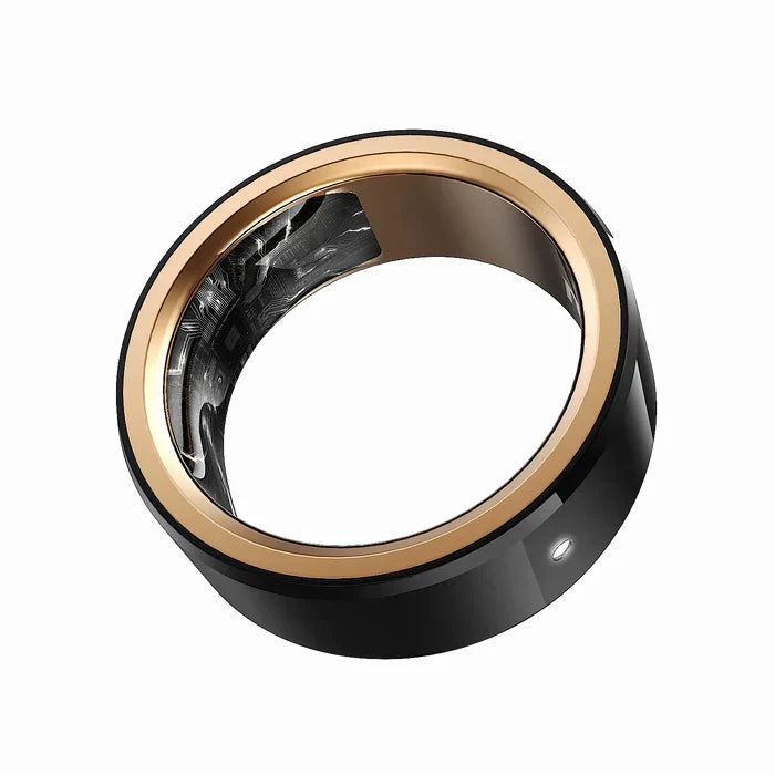 smart tech store Canada. premium tech accessories Canada. Momax 1-Sense Active Smart Ring. Gallery image 1. The image features a sleek, modern smart ring positioned at an angle, showcasing its circular design. The outer band is glossy black, while the inner edge has a shiny gold trim, creating a striking contrast. A small, illuminated status LED is visible on one side of the ring.