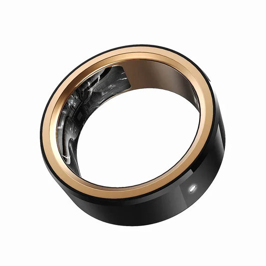 smart tech store Canada. premium tech accessories Canada. Momax 1-Sense Active Smart Ring. Gallery image 1. The image features a sleek, modern smart ring positioned at an angle, showcasing its circular design. The outer band is glossy black, while the inner edge has a shiny gold trim, creating a striking contrast. A small, illuminated status LED is visible on one side of the ring.