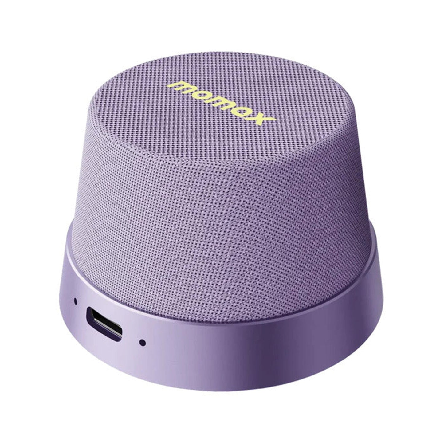 future tech gadgets Canada. premium tech accessories Canada. Momax 1-Vibe Go Magnetic Wireless Speaker. Gallery image 7. The speaker is positioned slightly off-center, showcasing its rounded, cone-like shape. It features a textured purple fabric exterior with a glossy purple base. A small USB-C port is visible on the side, and the brand name "projnax" is printed in bright yellow on the top. The background is a seamless white, emphasizing the product's vibrant color and design.