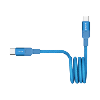 future tech gadgets Canada. smart tech store Canada. Momax Mag.Link 100W Usb-C To Usb-C Magnetic Cable 1M. Gallery image 9. A vibrant blue USB-C cable is coiled neatly in the center of the image, showcasing its braided texture. One end features a connector with a visible "100W" label, while the other end has a smooth, rounded connector. The background is plain and dark, emphasizing the cable's bright color and design.