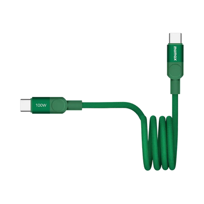 future tech gadgets Canada. smart tech store Canada. Momax Mag.Link 100W Usb-C To Usb-C Magnetic Cable 1M. Gallery image 11. A green USB-C cable is displayed against a plain white background, coiled neatly in the center of the frame. One end features a connector with a small button labeled "100W," while the other end has a standard USB-C connector. The cable has a textured finish, suggesting durability. The lighting is even, highlighting the cable's color and details without harsh shadows.