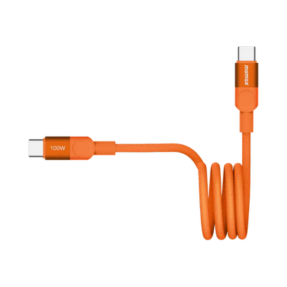 future tech gadgets Canada. smart tech store Canada. Momax Mag.Link 100W Usb-C To Usb-C Magnetic Cable 1M. Gallery image 12. The image features a vibrant orange USB-C charging cable, prominently displayed against a plain black background. The cable is coiled neatly, with one end showing a connector labeled "100W" and the other end featuring the brand name "momax." The connectors have a glossy finish, contrasting with the matte texture of the braided cable.