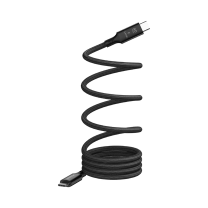 next gen electronics shop. buy electronics online Canada. Momax Mag.Link 240W Usb-C To Usb-C Usb 4 40Gbps Magnetic Cable 1.5M. Gallery image 3. The image features a black braided USB cable, coiled in a loose spiral. The cable is centered in the frame, with one end prominently displayed, showcasing a USB-C connector. The background is plain and seamless, enhancing the focus on the cable.