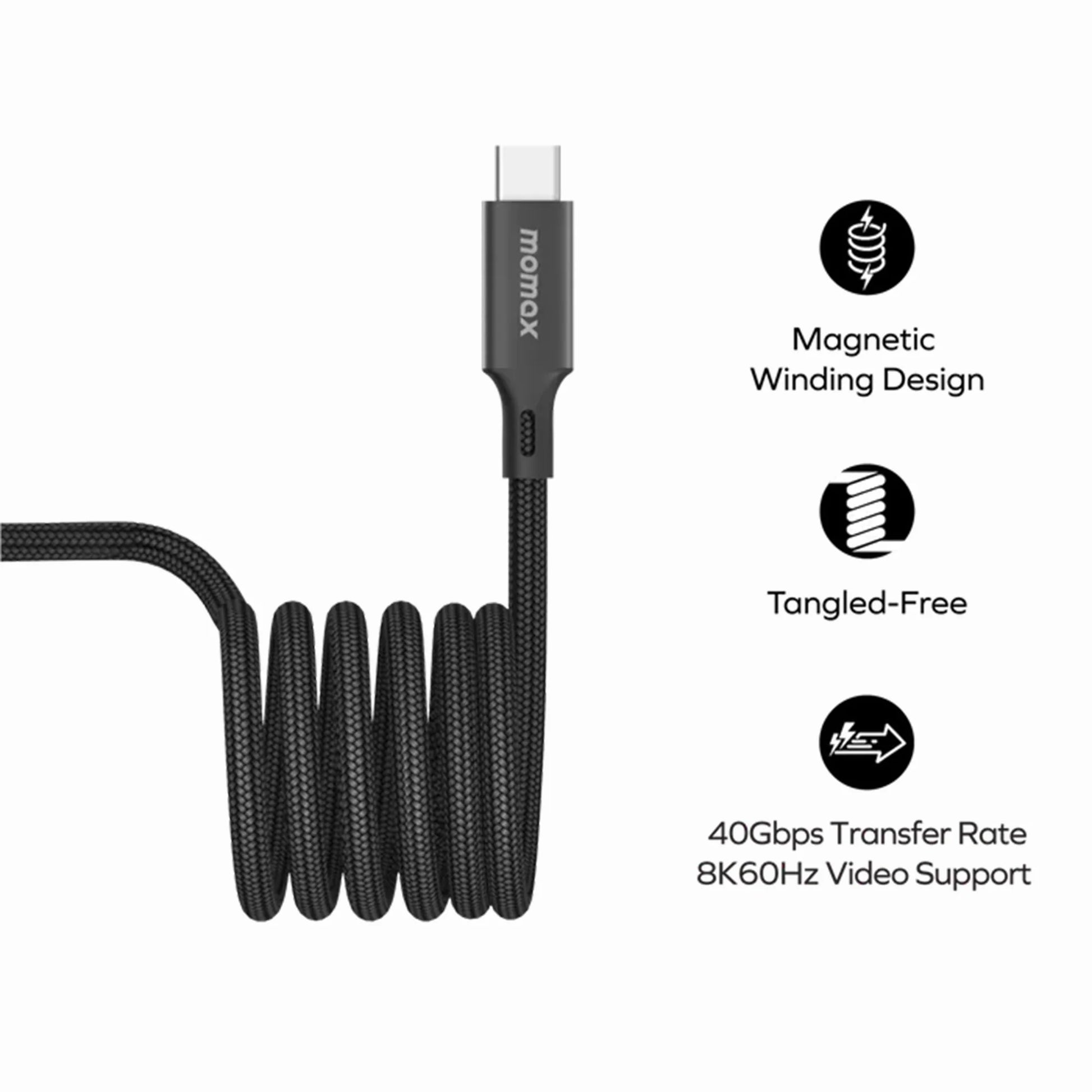 next gen electronics shop. buy electronics online Canada. Momax Mag.Link 240W Usb-C To Usb-C Usb 4 40Gbps Magnetic Cable 1.5M. Gallery image 2. A black, braided USB-C cable is coiled neatly in the center of the frame, showcasing its magnetic winding design. The cable's connector is visible at the top, featuring a smooth, matte finish with the brand name "momax" printed in white.