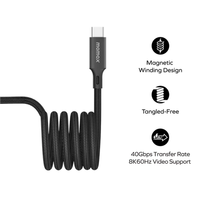 next gen electronics shop. buy electronics online Canada. Momax Mag.Link 240W Usb-C To Usb-C Usb 4 40Gbps Magnetic Cable 1.5M. Gallery image 2. The image features a black braided USB-C charging cable coiled neatly in the center of the frame. The cable has a smooth, matte finish with a sturdy connector at one end, displaying the brand name "momax" in white lettering. The background is plain and dark, emphasizing the cable's design.