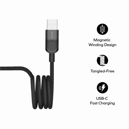 future tech gadgets Canada. premium tech accessories Canada. Momax Mag.Link 66W Usb-A To Usb-C Magnetic Cable 1M. Gallery image 1. A black USB-C charging cable is coiled neatly in the center of the image, showcasing its magnetic winding design. The cable features a textured fabric exterior, giving it a durable appearance. At one end, a USB connector is visible, with a small button on the side for securing the cable when coiled. The background is a clean white, emphasizing the cable's design.