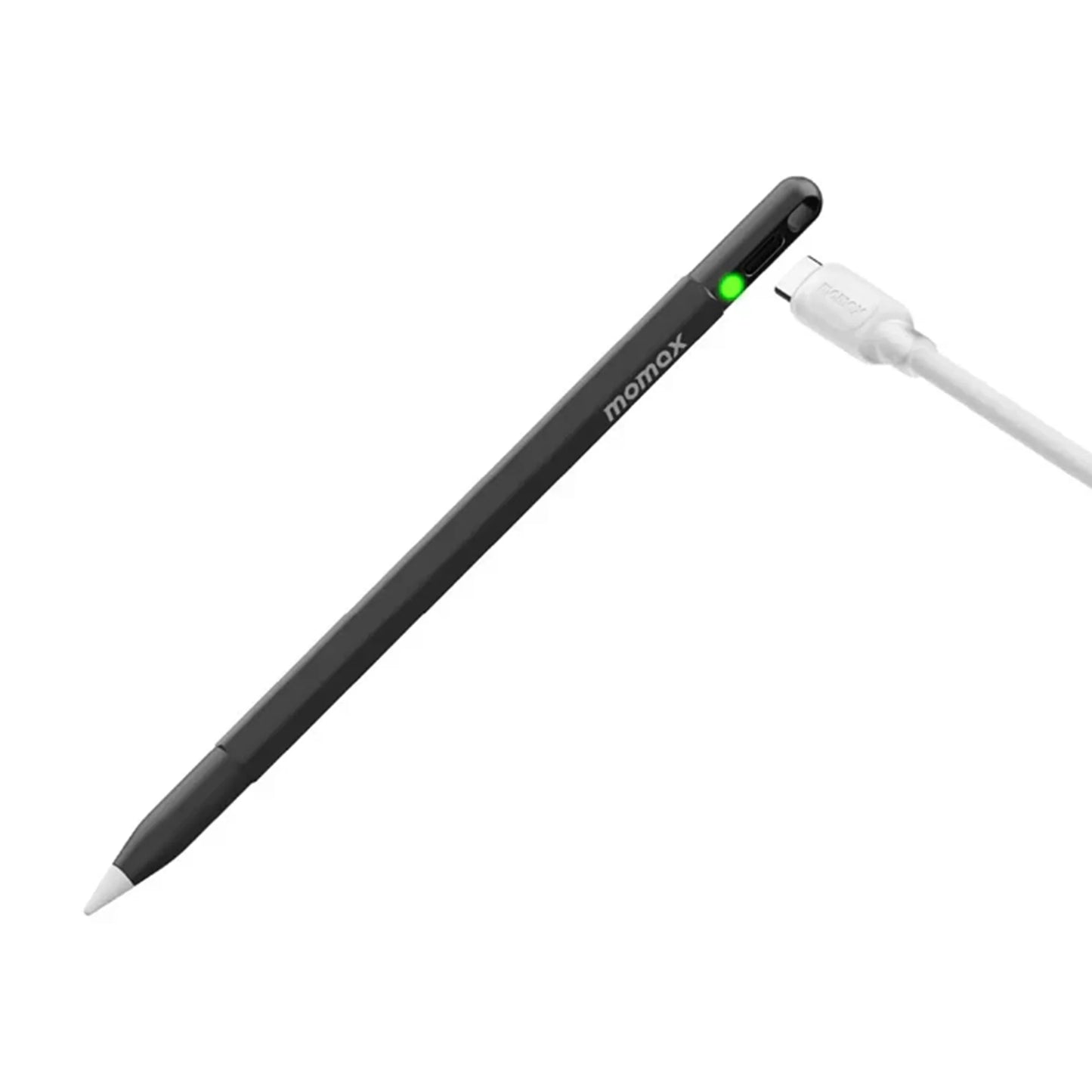 smart tech store Canada. premium tech accessories Canada. Momax Mag.Link Pop Magnetic Active Stylus Pen. Gallery image 3. A sleek black stylus is positioned diagonally across the frame against a seamless white background. The stylus features a matte finish with a tapered tip and a small green LED indicator near the top, which is illuminated. A white USB charging cable is connected to the stylus, extending out of the frame.