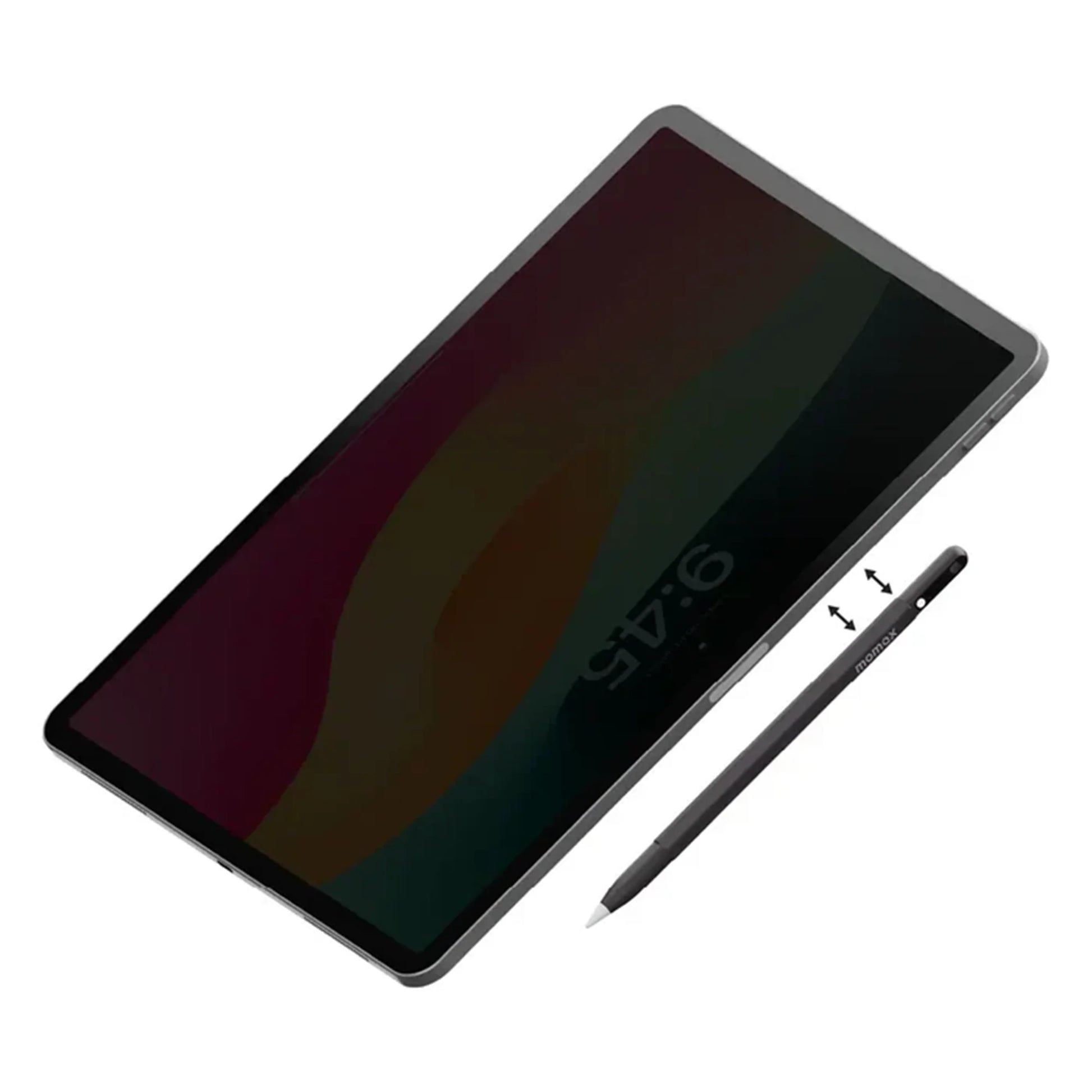 smart tech store Canada. premium tech accessories Canada. Momax Mag.Link Pop Magnetic Active Stylus Pen. Gallery image 4. The tablet is positioned at a slight angle, showcasing its sleek, black bezel and large screen, which displays a colorful abstract background. A stylus lies next to the tablet, featuring a matte black finish with a pointed tip. The background is a seamless white, enhancing the product's modern aesthetic.