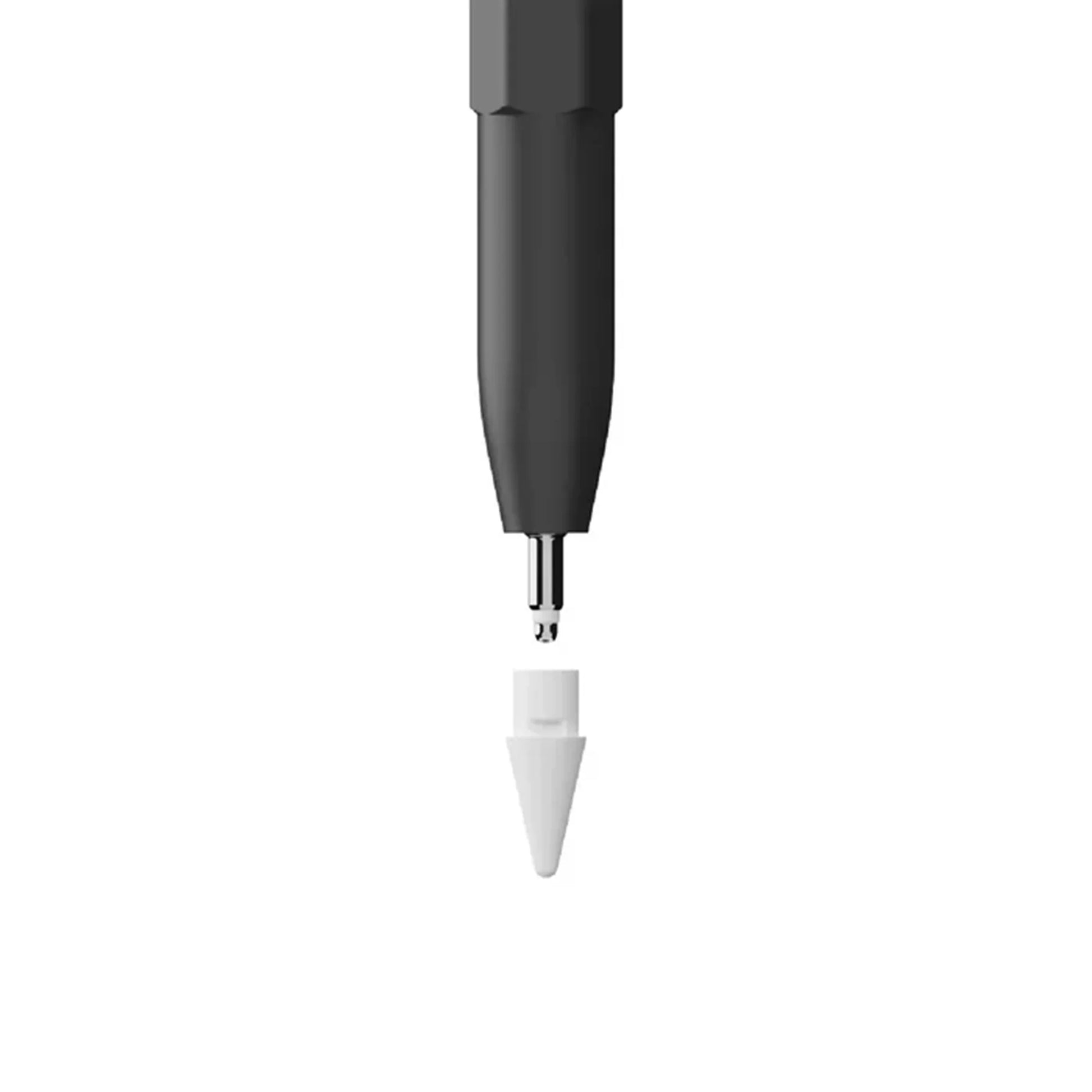 smart tech store Canada. premium tech accessories Canada. Momax Mag.Link Pop Magnetic Active Stylus Pen. Gallery image 5. A black stylus is positioned vertically in the center of the image, with its pointed tip slightly above a removable white tip. The stylus has a smooth, matte finish, while the white tip is conical and glossy. The background is a seamless white, providing a clean contrast that emphasizes the stylus's design.
