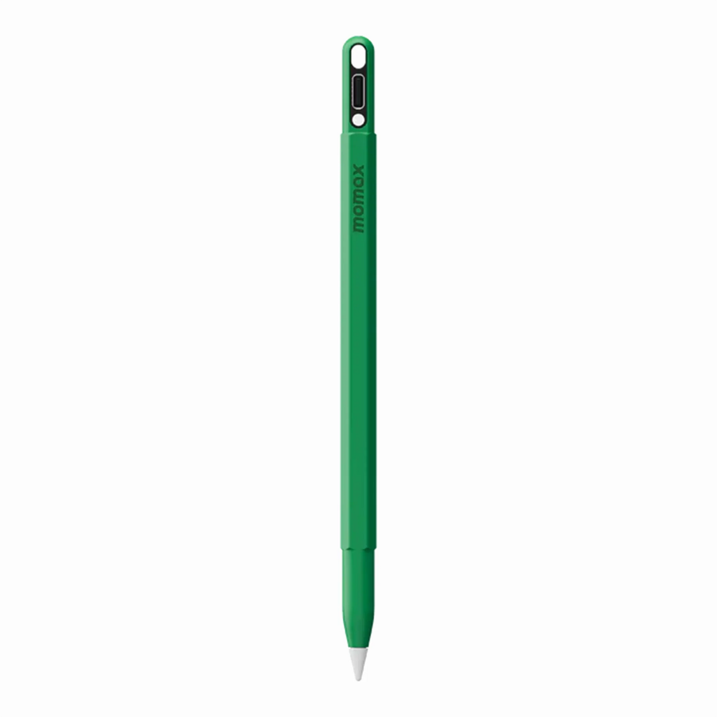 smart tech store Canada. premium tech accessories Canada. Momax Mag.Link Pop Magnetic Active Stylus Pen. Gallery image 2. A vibrant green stylus stands vertically against a seamless white background, showcasing its sleek design. The stylus features a smooth, matte finish and a fine white tip, emphasizing its modern aesthetic. At the top, there is a small opening, possibly for a clip or attachment, while the brand name "momax" is subtly printed along the side.