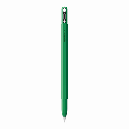smart tech store Canada. premium tech accessories Canada. Momax Mag.Link Pop Magnetic Active Stylus Pen. Gallery image 2. A vibrant green stylus stands vertically against a seamless white background, showcasing its sleek design. The stylus features a smooth, matte finish and a fine white tip, emphasizing its modern aesthetic. At the top, there is a small opening, possibly for a clip or attachment, while the brand name "momax" is subtly printed along the side.