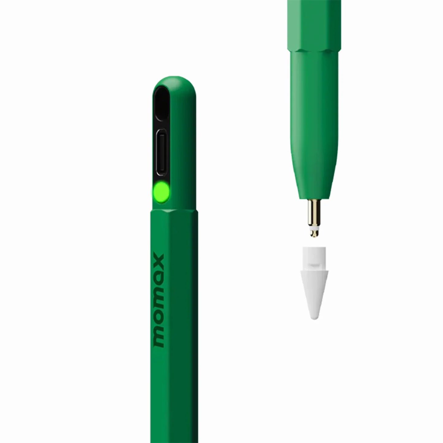 smart tech store Canada. premium tech accessories Canada. Momax Mag.Link Pop Magnetic Active Stylus Pen. Gallery image 6. A vibrant green stylus is prominently displayed, angled slightly to the right. The stylus features a smooth, matte finish and a white tip that is detachable, resting just below the main body. A small green LED indicator is visible on the side, next to a black port. The background is a seamless white, enhancing the product's colors and details.