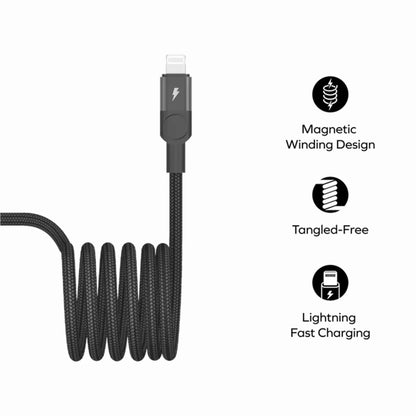 next gen electronics shop. buy electronics online Canada. Momax Mag.Link Usb-C To Lightning Magnetic Cable 2M. Gallery image 1. A black charging cable is coiled neatly in the center of the image, showcasing its magnetic winding design. The cable features a Lightning connector at one end, with a small, circular button on the connector housing. The background is plain white, emphasizing the cable's sleek appearance.
