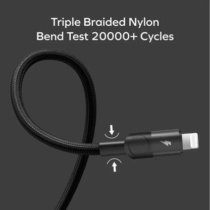 next gen electronics shop. buy electronics online Canada. Momax Mag.Link Usb-C To Lightning Magnetic Cable 2M. Gallery image 2. A black, triple-braided nylon charging cable is prominently displayed against a dark grey background. The cable is coiled in a loose loop, showcasing its flexibility and durability. At one end, a lightning connector is visible, featuring a small lightning bolt icon on the connector housing.