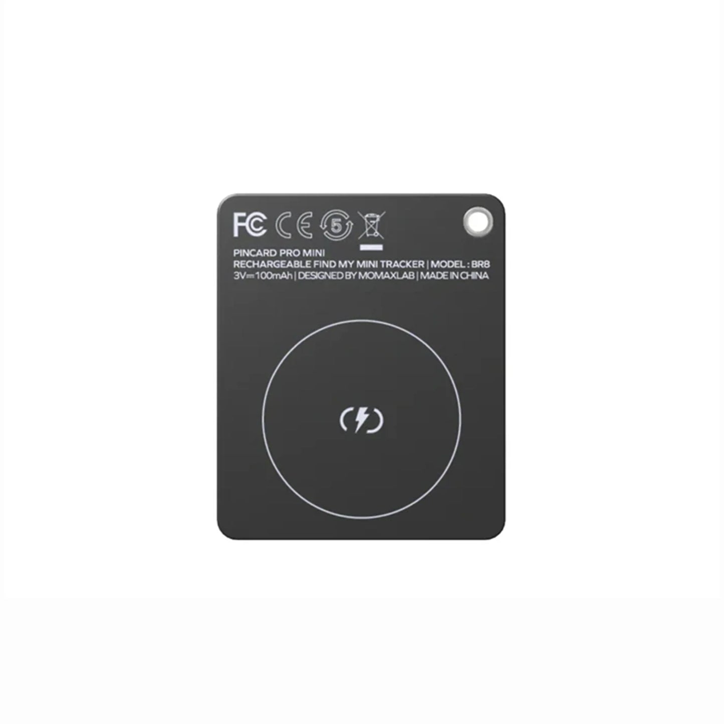 future tech gadgets Canada. smart tech store Canada. Momax Pincard Pro Mini Rechargeable Find My Tracker. Gallery image 1. The image features a compact, square black device centered in the frame, with a smooth matte finish. A circular charging symbol is prominently displayed in the center, surrounded by a white outline. The top edge includes printed text detailing the product name, model, and specifications, all in white font.