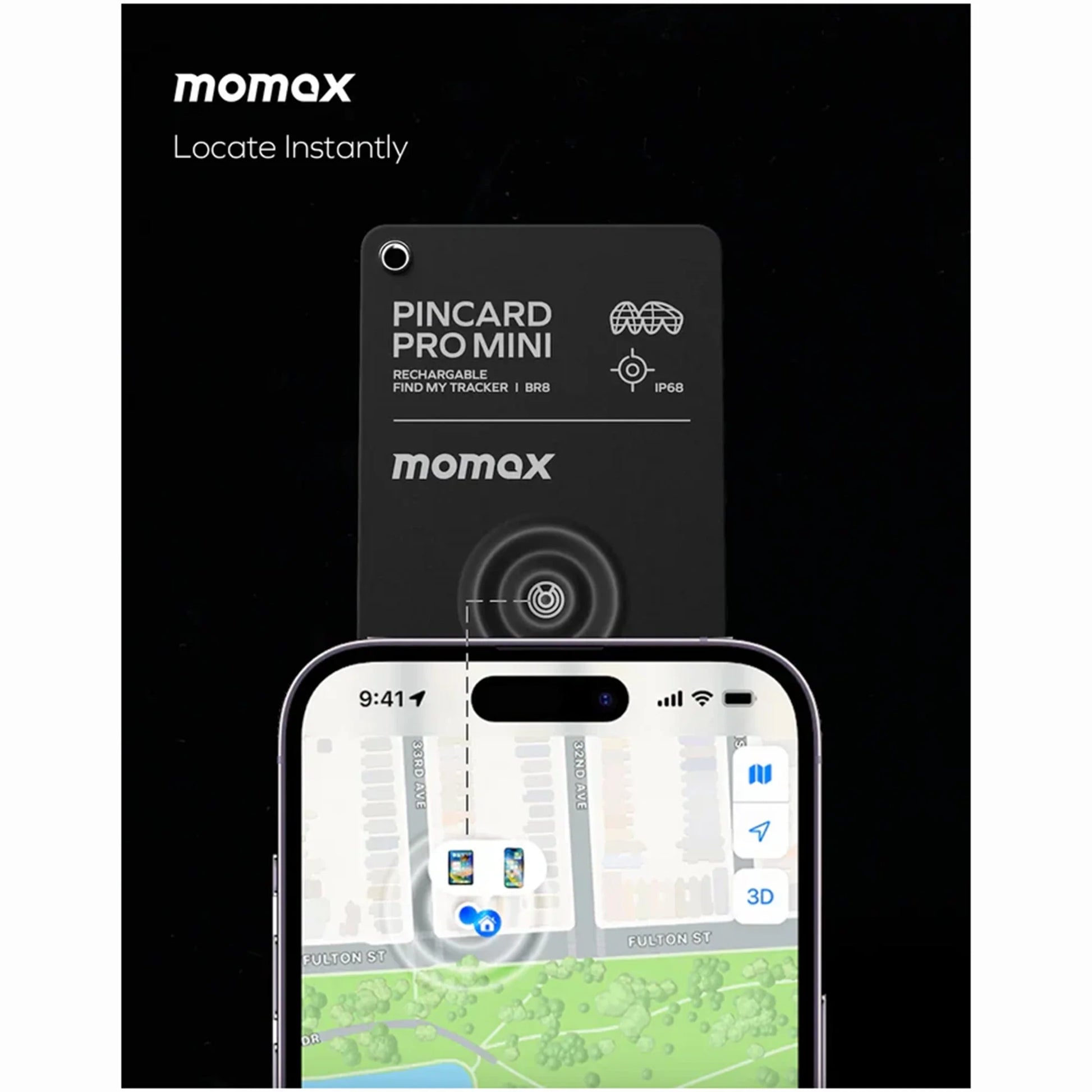 future tech gadgets Canada. smart tech store Canada. Momax Pincard Pro Mini Rechargeable Find My Tracker. Gallery image 2. A sleek black tracking card labeled "PINCARD PRO MINI" is prominently displayed against a dark background, with the brand name "momax" at the bottom. The card features a small hole for attachment and icons indicating its rechargeable nature and IP68 rating.