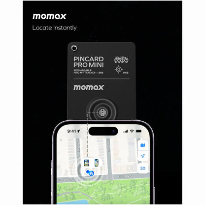 future tech gadgets Canada. smart tech store Canada. Momax Pincard Pro Mini Rechargeable Find My Tracker. Gallery image 2. A sleek black tracking card labeled "PINCARD PRO MINI" is prominently displayed against a dark background, with the brand name "momax" at the bottom. The card features a small hole for attachment and icons indicating its rechargeable nature and IP68 rating.