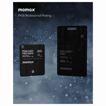 future tech gadgets Canada. smart tech store Canada. Momax Pincard Pro Mini Rechargeable Find My Tracker. Gallery image 4. Two black tracking cards are displayed against a dark, rainy background, emphasizing their waterproof capabilities. The card on the left, labeled "PINCARD PRO MINI," features a small camera hole and a button at the bottom, while the larger card on the right, labeled "PINCARD PRO," has a similar button and a handle cutout at the top.