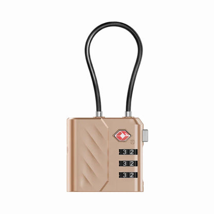 future tech gadgets Canada. smart tech store Canada. Momax Pinlock TSA Padlock Find My Location. Gallery image 3. The combination lock is centered in the frame, showcasing its sleek, matte bronze body with a textured diagonal pattern on one side. The lock features three rotating dials displaying the numbers 3, 2, and 2, and a small red logo is visible on the front. The flexible black cable loops upward, creating a contrast against the metallic finish.