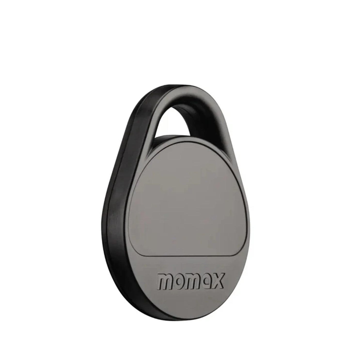 future tech gadgets Canada. smart tech store Canada. Momax Pinpop Lite Find My Tracker. Gallery image 2. The image features a sleek, rounded black padlock positioned centrally against a seamless white background. The lock has a smooth, matte finish with a subtle sheen, and the brand name "momax" is embossed at the bottom. The shackle is slightly raised, indicating its design for easy attachment.