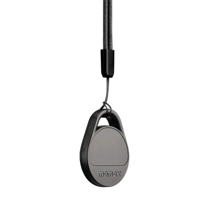 future tech gadgets Canada. smart tech store Canada. Momax Pinpop Lite Find My Tracker. Gallery image 4. A sleek, oval-shaped device hangs from a thin, braided cord against a seamless white background. The device features a matte black finish with a subtle glossy accent on its front, where the brand name "momax" is embossed. The cord is securely attached at the top, allowing the product to dangle freely.