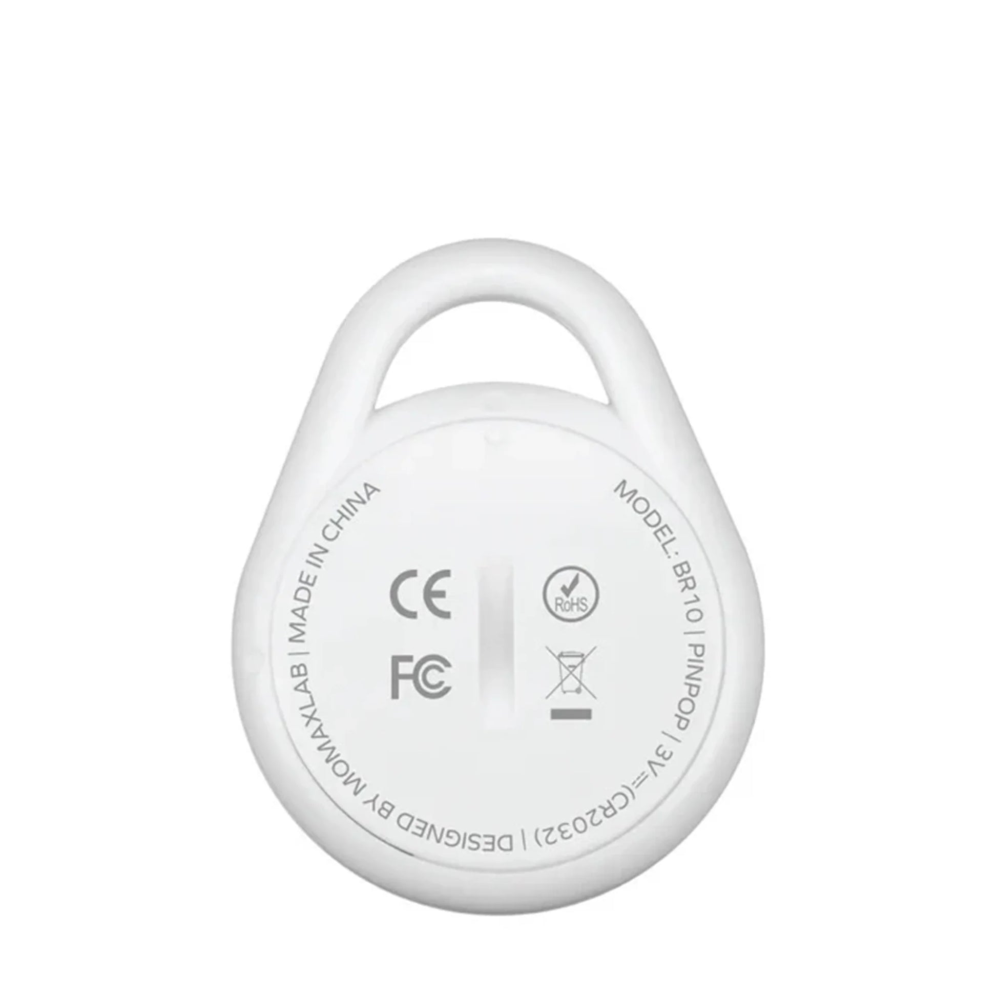 future tech gadgets Canada. smart tech store Canada. Momax Pinpop Lite Find My Tracker. Gallery image 5. The image shows a round, white device with a loop at the top, positioned centrally against a plain white background. The surface has a glossy finish, reflecting light softly. On the back, visible text includes "MODEL: BR10" and certification logos such as CE and FCC, arranged around a central slot. The overall design is minimalistic, emphasizing the device's compact size and simplicity.