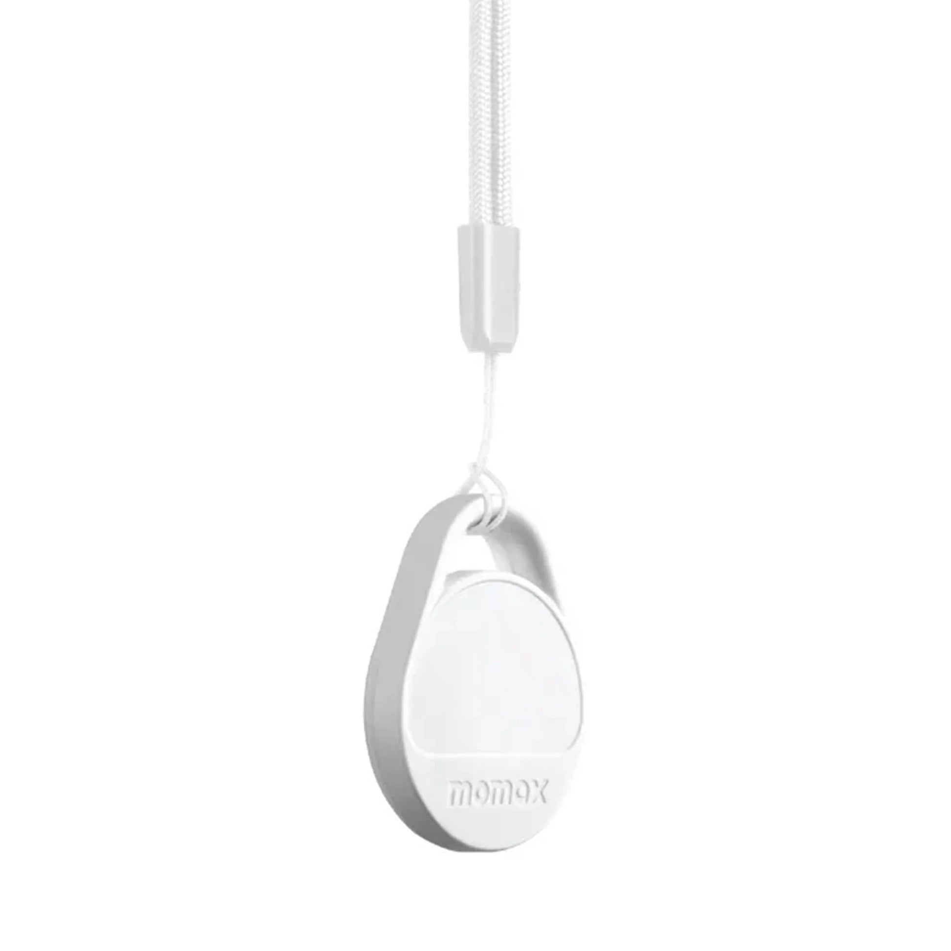 future tech gadgets Canada. smart tech store Canada. Momax Pinpop Lite Find My Tracker. Gallery image 6. A small, round white device hangs from a thin, silver lanyard, centered against a seamless white background. The device has a smooth, glossy finish with a subtle embossed logo that reads "momax" near the bottom. The lighting is bright and even, highlighting the sleek design without any shadows. The lanyard appears sturdy, suggesting it is designed for easy attachment to bags or other items.