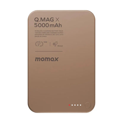 future tech gadgets Canada. premium tech accessories Canada. Momax Q.Mag X 5000mAh Wireless Battery Pack. Gallery image 2. The image features a wireless charging battery pack positioned centrally against a plain white background. The device has a sleek, matte bronze finish with rounded edges. On the front, the text "Q.MAG X 5000 mAh" is printed in a dark font, along with icons indicating charging specifications.
