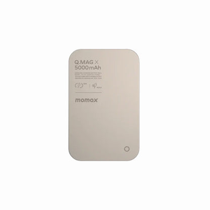 future tech gadgets Canada. premium tech accessories Canada. Momax Q.Mag X 5000mAh Wireless Battery Pack. Gallery image 8. The image features a rectangular, light gold wireless charging battery pack, centered in the frame against a plain white background. The surface of the battery pack has a smooth, matte finish, with rounded corners.