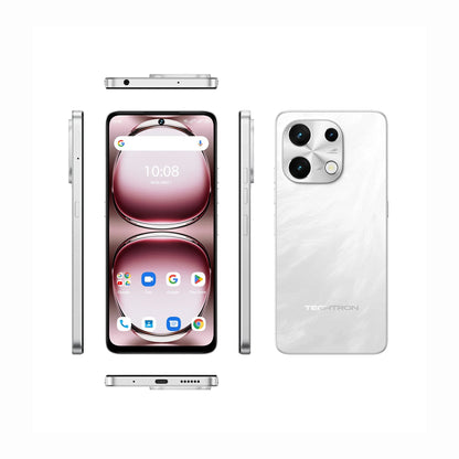 smart tech store Canada. next gen electronics shop. Techtron Note 100 5G 256GB Smart Phone. Gallery image 2. The smartphone is displayed from multiple angles against a seamless white background, showcasing its sleek design. The front view features a large screen with a pink and white abstract wallpaper, displaying the time and app icons.