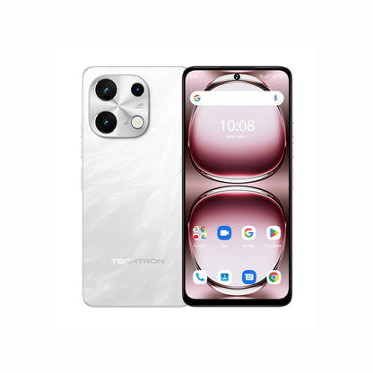smart tech store Canada. next gen electronics shop. Techtron Note 100 5G 256GB Smart Phone. Gallery image 6. The smartphone is displayed at a slight angle, showcasing both the front and back. The back features a glossy white finish with a subtle textured pattern and three circular camera lenses, one of which has a flash. The front screen is vibrant, displaying a pink and white interface with app icons and the time "10:08" at the top.