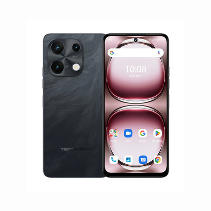 smart tech store Canada. next gen electronics shop. Techtron Note 100 5G 256GB Smart Phone. Gallery image 3. The smartphone is displayed at a slight angle, showcasing both its back and front. The back features a textured black finish with a prominent camera module that includes three lenses and a flash. The front screen is vibrant, displaying a pinkish background with app icons and the time at the top. The device is set against a seamless white background, highlighting its sleek design.