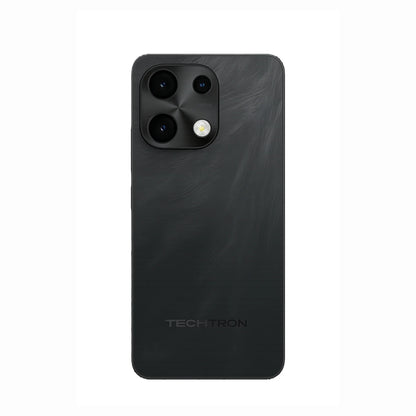 future tech gadgets Canada. smart tech store Canada. Techtron Note 100 128GB Smart Phone. Gallery image 3. The product is a sleek black smartphone, centered in the frame against a seamless white background. The back features a textured finish with subtle swirls, giving it a matte appearance. A rectangular camera module in the upper left corner houses three lenses and a flash, all encased in a glossy black trim. The brand name "TECHTRON" is printed in a simple font near the bottom.