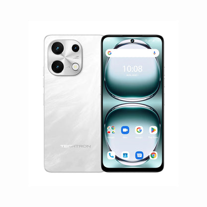 future tech gadgets Canada. smart tech store Canada. Techtron Note 100 128GB Smart Phone. Gallery image 2. The smartphone is displayed at a slight angle, showcasing both its front and back. The back features a glossy white finish with a subtle textured pattern and a prominent camera module housing three lenses and a flash. The front screen is vibrant, displaying the time and several app icons against a soft gradient background.
