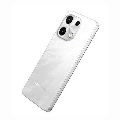 future tech gadgets Canada. smart tech store Canada. Techtron Note 100 128GB Smart Phone. Gallery image 5. The smartphone is angled slightly to the right, showcasing its sleek design against a seamless white background. The back features a glossy white finish with a subtle texture that resembles brushed metal.