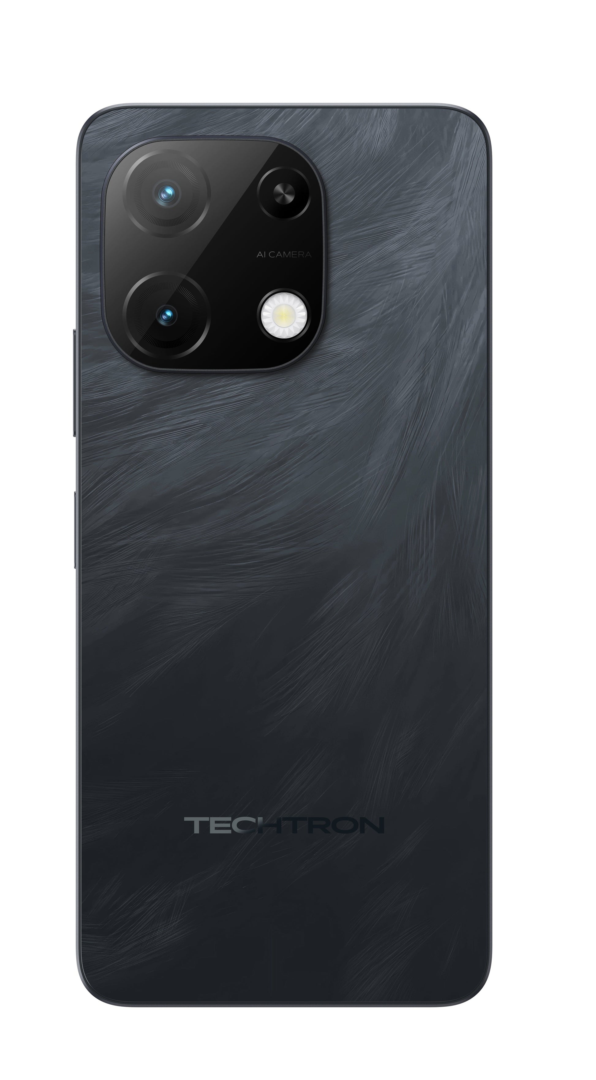 future tech gadgets Canada. smart tech store Canada. Techtron Note 100A 256GB Smart Phone. Gallery image 2. The smartphone is positioned centrally, showcasing its back design. The surface features a textured, dark gray finish with subtle, wavy patterns. In the upper left corner, there is a rectangular camera module with three lenses, including a circular flash, all set against a glossy black background. The brand name "TECHTRON" is printed in a sleek font near the bottom.