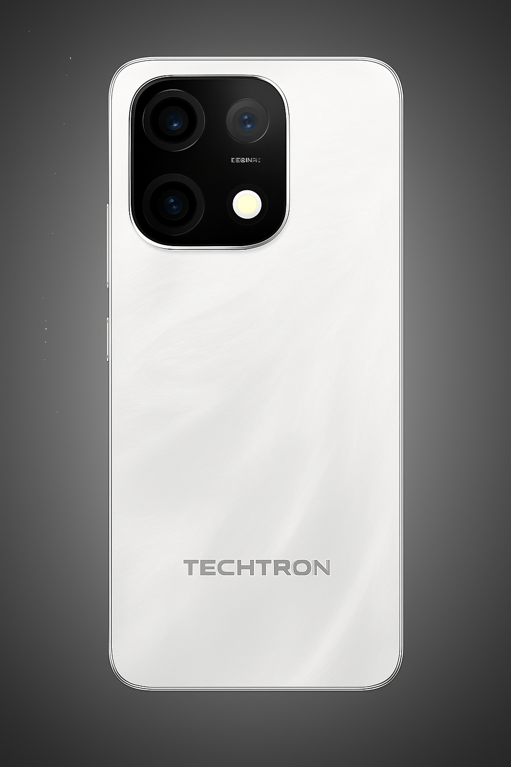 future tech gadgets Canada. smart tech store Canada. Techtron Note 100A 256GB Smart Phone. Gallery image 4. The smartphone is positioned centrally against a dark gradient background, showcasing its sleek design. The back features a glossy white finish with subtle swirls, reflecting light softly. A rectangular camera module in the upper left corner houses three lenses and a flash, all encased in a black trim. Below the camera, the brand name "TECHTRON" is printed in bold, silver letters.