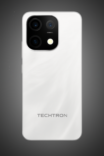 future tech gadgets Canada. smart tech store Canada. Techtron Note 100A 256GB Smart Phone. Gallery image 4. The smartphone is positioned centrally against a dark gradient background, showcasing its sleek design. The back features a glossy white finish with subtle swirls, reflecting light softly. A rectangular camera module in the upper left corner houses three lenses and a flash, all encased in a black trim. Below the camera, the brand name "TECHTRON" is printed in bold, silver letters.