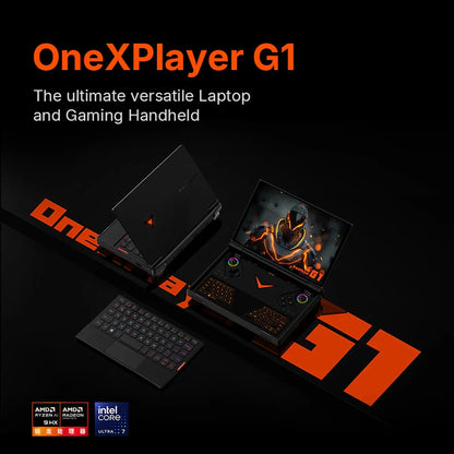 future tech gadgets Canada. wireless audio Canada. ONEXPLAYER G1 2TB AMD Ryzen™ AI 9 HX 370 Ultimate Gaming Handheld Gaming Console Versatile Laptop. Gallery image 2. The OneXPlayer G1 is prominently displayed in the center of the frame, with its screen open to reveal a vibrant gaming interface featuring a character in an armored suit. The device has a sleek black body with an angular design and colorful backlit keys on the keyboard positioned nearby.