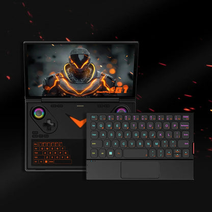 future tech gadgets Canada. wireless audio Canada. ONEXPLAYER G1 2TB AMD Ryzen™ AI 9 HX 370 Ultimate Gaming Handheld Gaming Console Versatile Laptop. Gallery image 3. The image features a gaming laptop positioned centrally against a dark background, with a vibrant display showcasing a character in a futuristic suit illuminated by orange accents. The laptop has a sleek black body with a glossy finish, and the keyboard is detachable, featuring backlit keys in shades of purple and orange.