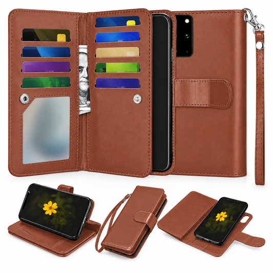 Bifold 9 Card Detachable Wallet Case for Samsung Galaxy S20 Plus - Brown