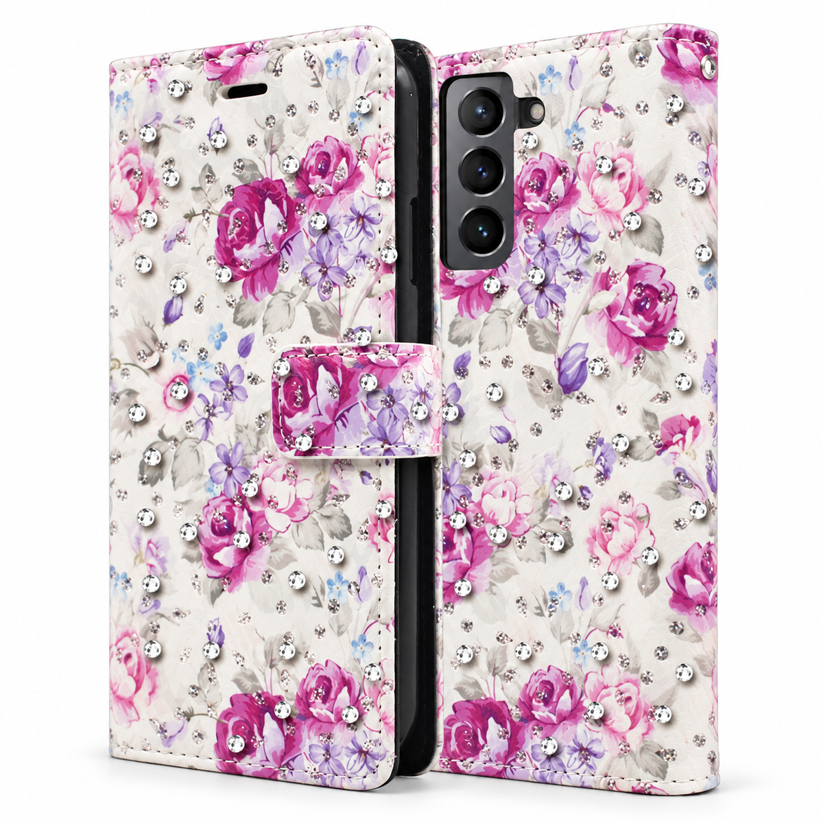 Diamond Wallet w/ Floral Design for Samsung Galaxy S23 Plus - Purple