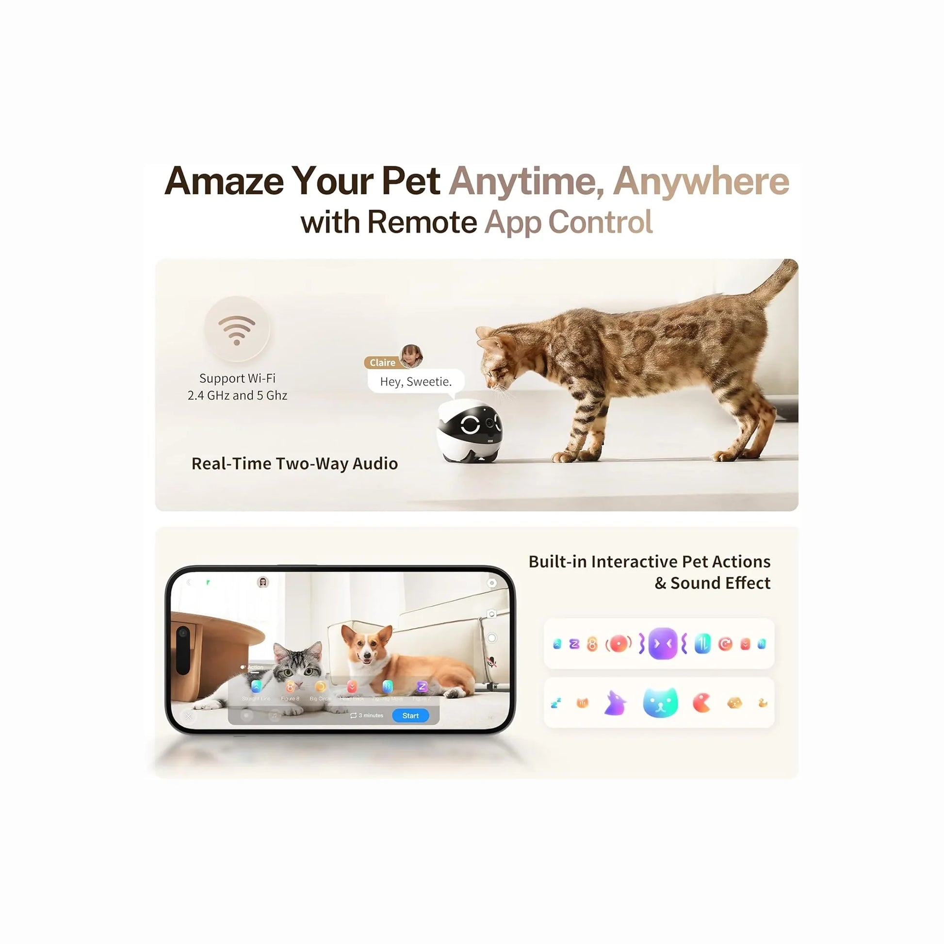 smart tech store Canada. premium tech accessories Canada. Enabot Rola Mini Companion Robot. Gallery image 5. A playful tabby cat interacts with a small, round white device featuring a black face, positioned on a light-colored surface. The device is centered in the frame, with the cat curiously leaning towards it. In the background, a smartphone displays two pets—a cat and a dog—on a bright, minimalistic surface, with colorful icons and buttons visible on the screen.