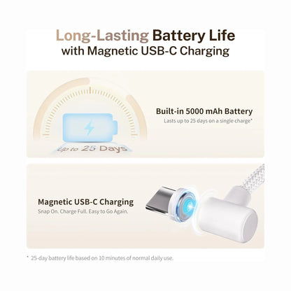 smart tech store Canada. premium tech accessories Canada. Enabot Rola Mini Companion Robot. Gallery image 6. The image features a clean, light background with two sections of text highlighting the product's features. The top section displays a battery icon with a gauge, indicating "Up to 25 Days," alongside the text "Built-in 5000 mAh Battery" and a note about lasting up to 25 days on a single charge.