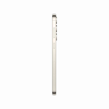 smart tech store Canada. next gen electronics shop. Premium Samsung Galaxy S23. Gallery image 11. The image shows a smartphone viewed from the side, positioned against a seamless white background. The device has a sleek, matte finish in a light color, with a slim profile. Visible features include a volume button, a mute switch, and a power button, all located along the right edge. The camera lens and flash are located at the top, while the bottom edge shows a charging port.