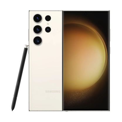cutting edge electronics online Canada. smart tech store Canada. Premium Samsung Galaxy S23 Ultra. Gallery image 12. The smartphone is positioned centrally, showcasing its sleek design with a glossy, cream-colored back. The camera module, featuring four lenses, is located on the left side, with a small circular sensor above them. A black stylus is placed to the left of the phone, partially visible. The screen displays a gradient background in warm tones, transitioning from dark to light.